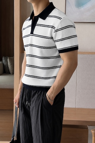 Tarz Cool Erkek Çizgili Polo Yaka Viskon Triko Tişört Slim Fit Yazlık Şık Triko Polo Beyaz