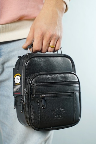 Adelina Erkek Siyah Deri Çelik Kasalı El Ve Omuz Çanta Ve Kartlık