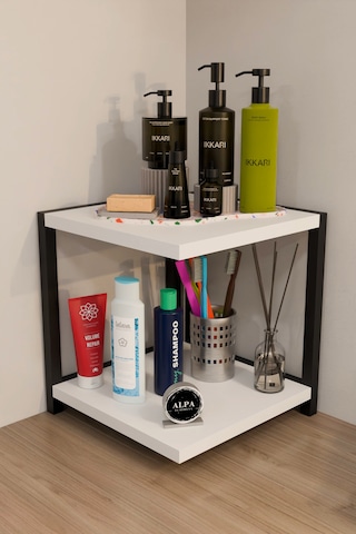 İki Raflı Banyo Köşe Kare Düzenleyici Organizer Raf Metal Gövdeli Çok Amaçlı Banyo Standı Beyaz