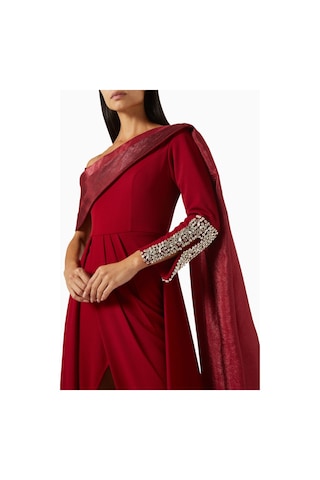 Ac By Aanchal Chanda Asymmetric Cape Gown Asimetrik Pelerinli Organze Kadın Elbise Kırmızı