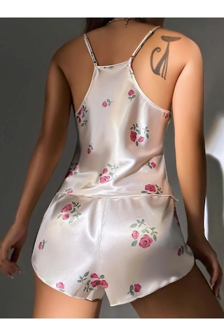 R Ruselin Kadın Ekru Gül Desenli Askılı Dantel Üst Pijama Takımı 2222