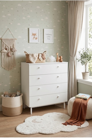 Robinhome Bebek Odası Çocuk Odası Geniş Şifonyer 4 Çekmeceli Ahşap Ayaklı Beyaz