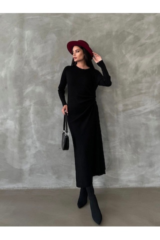 Anbly Collection Bisiklet Yaka Yandan Büzgülü Triko Uzun Elbise