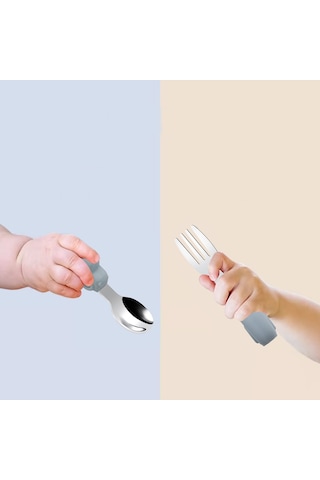 Gri Çocuk Bpa Free Silikon Saplı Paslanmaz Çelik Uçlu Çatal-kaşık, 9+ Ay
