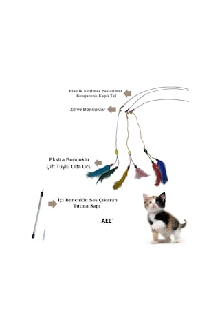 Tr Aee Kedi Oltası Elastik Çift Tüylü Çanlı Boncuklu Kedi Oyuncağı 130 Cm Uzunluk, Dayanıklı Paslanmaz T