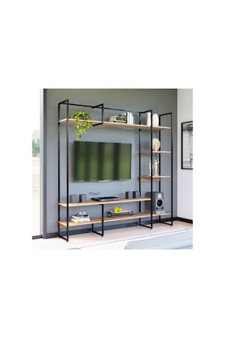 Metal Tv Ünitesi, Tv Sehpası, Duvar Ünitesi Atlantik Çam Metal Ayaklı Siyah 200x34x185 Siyah