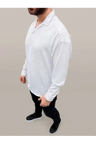 Defymoda Erkek Aerobin Kumaş Oversize 4 Mevsim Uzun Kollu Rahat Kalıp Gömlek - Beyaz