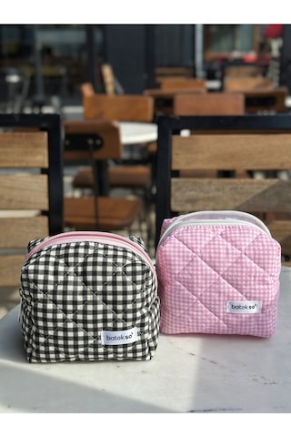 Batekso 2'li Siyah Ve Pembe Kare Desenli Makyaj Çantası Küçük Boy