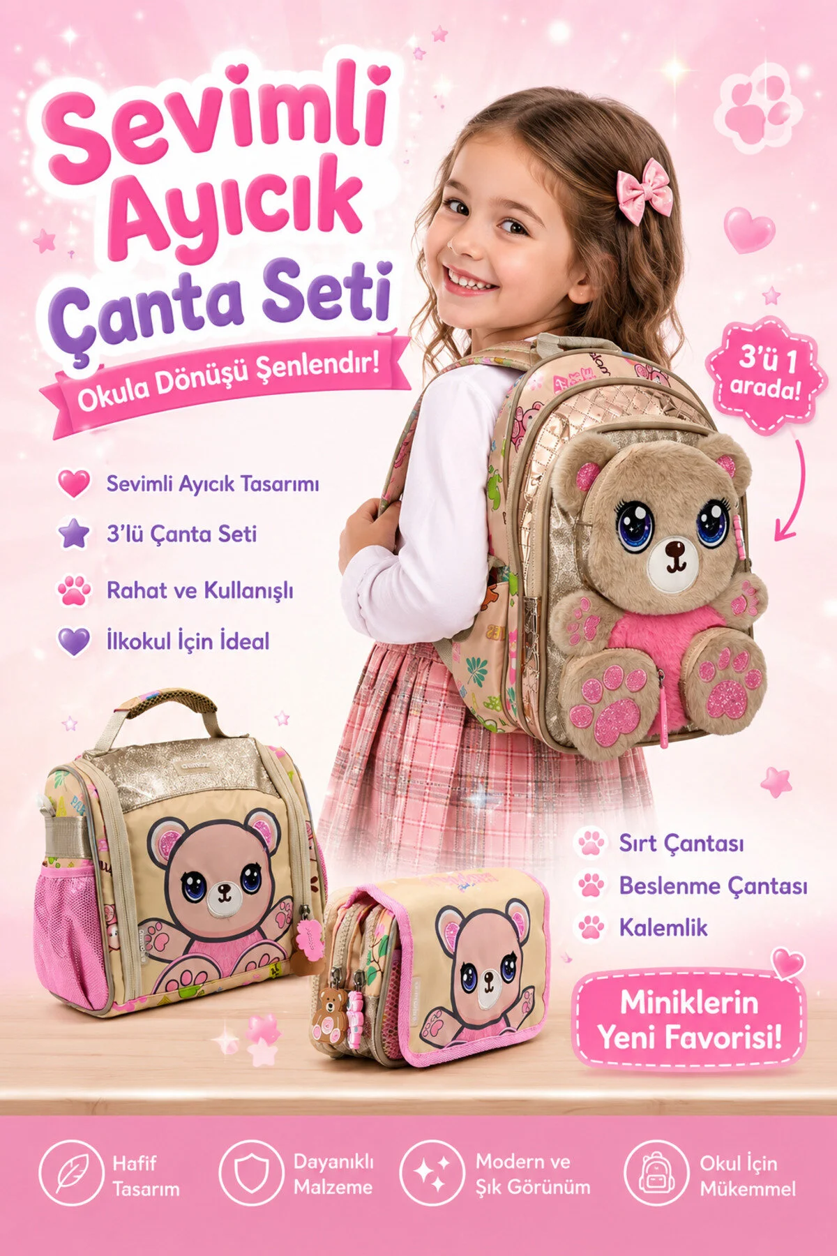 Chimola Honey Paws Ayıcıklı 3'lü Okul Çantası Seti Ara Boy İthal Açık Kahve