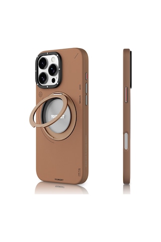 Apple Uyumlu iPhone 16 Pro Max Kılıf Magsafe Özellikli 360 Standlı Deri Desenli Youngkit Tech Leather Serisi
