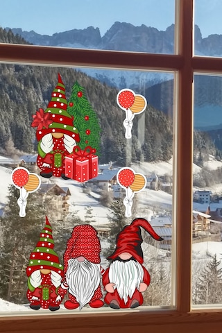 Yılbaşı Cüceler Ve Balonlar Pencere Sticker Yılbaşı Sevimli Cüceler Sticker