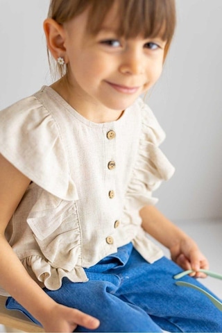 Oliventhekid Bej Naturel Keten Önden Düğmeli Kolları Ve Beli Fırfırlı Kız Çocuk Bluz Bej Bej