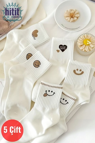 Hitit Socks Kadın 5 Çift Premium Kalite Gülen Surat Ve Kalp D... Çok Renkli
