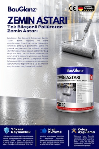 Bauglanz Poliüretan Zemin Astarı 1k Beton, Şap, Garaj, Depo Ve Fabrika Zeminleri Için 2.50 L