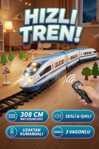 Uzaktan Kumandalı Sesli Ve Işıklı Hızlı Tren Seti - 39 Parça 308 Cm Büyük Raylı Oyuncak Tren