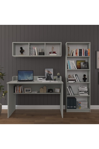 Asra Trend Çalışma Masası Seti ÇMT001 %100 MDF Kitaplıklı Raflı Ofis Takımı Kül Gri