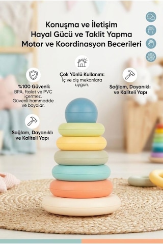Eğitici Renkli Halka Dizme 7 Parça El-göz Koordinasyonu Destekleyici Zeka Geliştirici Oyuncak -20 Cm