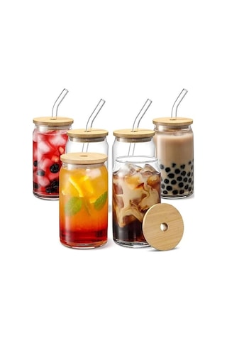 Bambu Kapaklı 2 Li Cam Bardak Seti - 300ml Isıya Dayanıklı Cam Pipetli Ve Fırçalı Şeffaf