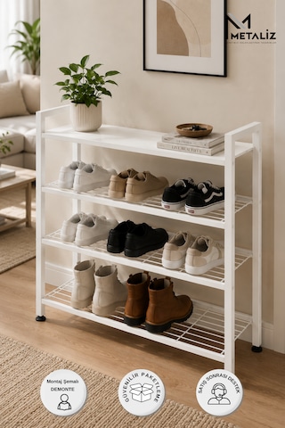 Loft 4 Katlı Siyah Metal Ayakkabılık, Ahşap Mdf Tablalı, Çok Amaçlı Ayakkabı Düzenleyici, 77x30x70 Cm Beyaz