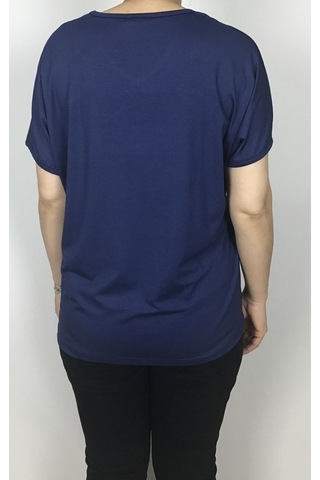 Kısa Kol V Yaka Likralı Düz Penye Bluz Mavi