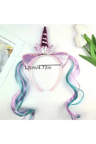 Unicorn Parlak Saç Bandı Postiş Renkli Saçlı Doğum Günü Hediyesi Pembe Pony Taç