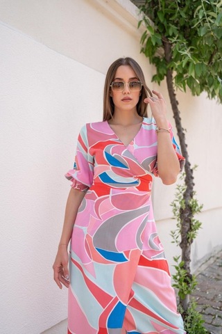 Alyn Wear Fuşya Desenli Yırtmaçlı Elbise