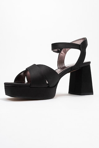 Luvishoes Lisbon Siyah Saten Çapraz Bantlı Kadın Platform Topuklu Ayakkabı Saten Siyah