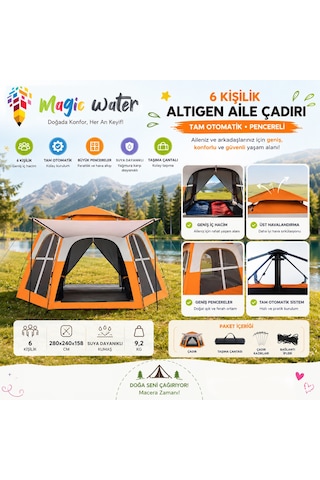 Magic Water 6 Kişilik Altıgen Tam Otomatik Pencereli Aile Kamp Çadırı 280x240x158 Turuncu