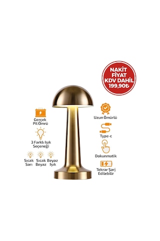 Noas Atina Yl86-1231 Oval Metal Mantar Masa Lambası - Dokunmatik Renkli, Type-c Şarjlı, 3 Fonksiyonlu