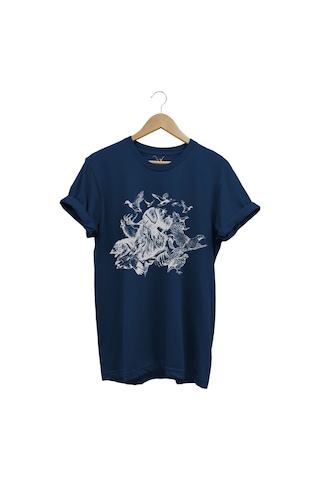 Avcılık Hunter Drahthaar Av Köpeği Ve Keklik Ördek Çulluk Baskılı Regular Fit %100 Pamuk T-shirt Lacivert
