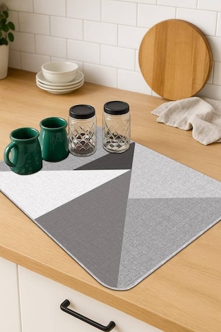 Gri Geometrik Microfiber Bulaşık Kurutma Kurulama Matı Mm006n11