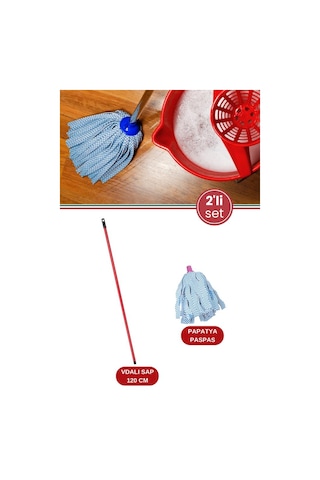 Standart Mop Temizlik Kovalarıyla Uyumlu Sap Ve Paspas Seti, 120cm Vidalı Metal Sap + Papatya Paspas
