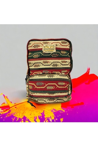 Old Cotton Cargo Kaliteli Vintage Kilim Desenli Disayn Sırt Gezi Çantası New Komor 5025 Kırmızı
