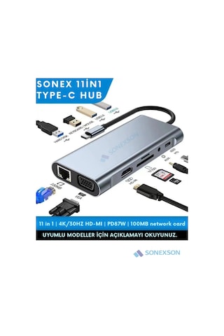 11 In 1 Type-c To Usb Hub Port Uyumlu Adaptör Hdmı 4x Usb Lan Vga Sd Card Çevirici Çoklayıcı