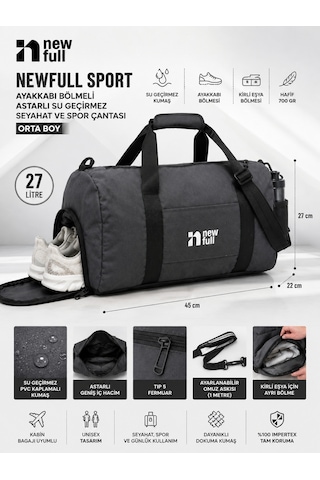 Newfull Sport Ayakkabı Bölmeli Astarlı Su Geçirmez Seyahat Ve Spor Çantası-orta Boy Gri