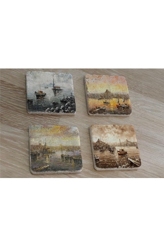 İstanbul Manzaraları Doğal Taş Bardak Altlığı 4'lü Set - Natural Stone Coasters-174275 Çok Renkli