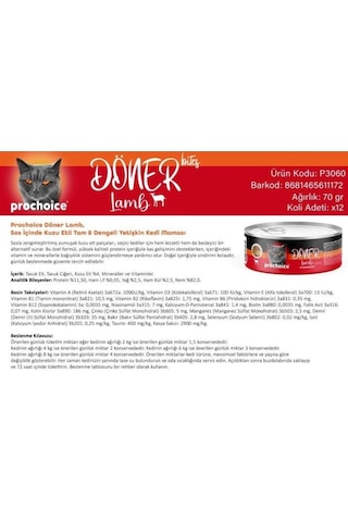 Prochoice Döner Bites Sos İçinde Kuzu Etli Yetişkin Kedi Konservesi 70 Gr