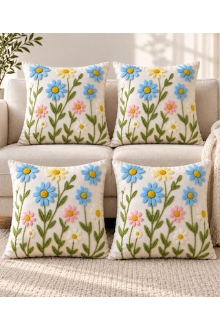 4'lü Set Çiçekli Dekoratif Kırlent Kılıfı 43x43 Cm, 3d Efektli Dijital Baskılı - Papatya Esintisi Çok Renkli