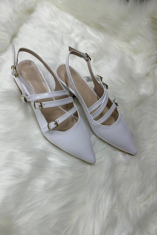 Günlük Kadın Rugan Sivri Burunlu Ayarlanabilir Kemerli Baretli Kısa Blok Topuklu Ayakkabı 455 - 54 Beyaz