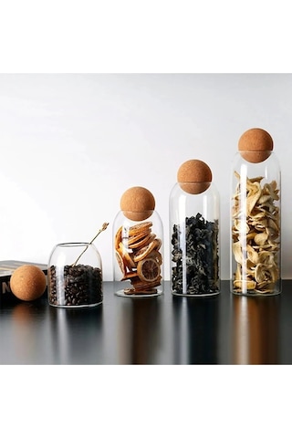 4'lü Top Mantar Kapaklı Cam Kavanoz Ve Baharatlık Seti Düz Şeffaf