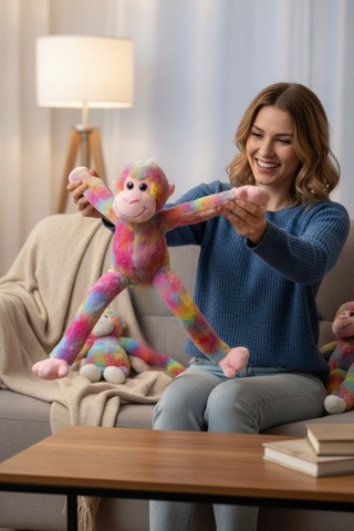 Sevimli Rengarenk Sesli Peluş Maymun Cırtlı Asılabilen Dev Boy Maymun Peluş 90 Cm Çok Renkli