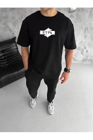 Unisex Bisiklet Yaka Baskılı Double Oversize Tshirt Siyah