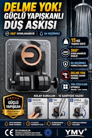 Ymv Yapışkanlı Duş Başlığı Askısı Mafsallı Ayarlanabilir Duş Tutacağı Delme Gerektirmeyen Güçlü Duvar Aparatı Gri