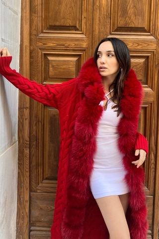 Lava Design Triko Hırka & Uzun Triko Hırka & Kadın Triko Hırka Örgülü Kırmızı