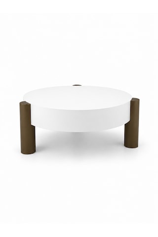 Noryn Yuvarlak Orta Sehpa Çap 90cm Beyaz Ve Bronz Renk Metal Ayak 35cm Modern Tasarım Dekoratif Beyaz - Bronz