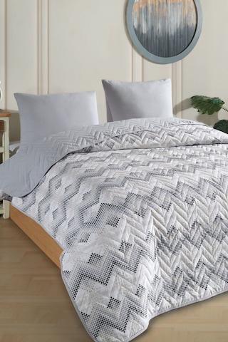 Tek Kişilik Desenli Kapitone Çift Taraflı Renkli Pike Yatak Örtüsü Takımı 160x230 Cm Çarşafsız Gri