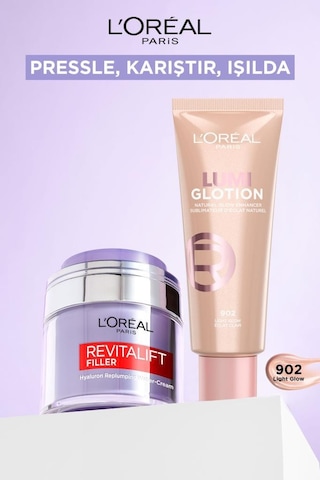 L'Oréal Paris Revitalift Filler Nemlendirici Yüz Kremi 50 Ml + Glotion Doğal Işıltı 902 Light Glow 40 Ml pktpresscreamakyaj2-11257