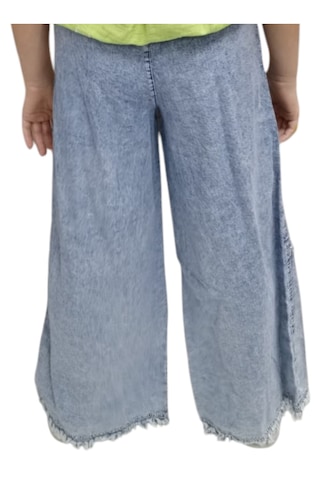 Kız Çocuk Beli Lastikli Çıtçıt Detaylı Cepli Palazzo Model Mevsimlik Mavi Kot Pantolon Açık Mavi
