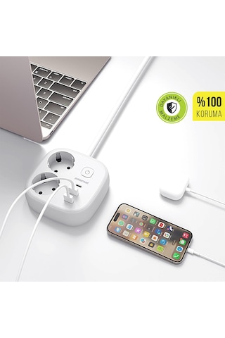 Polosmart Mp23 2 Prizli Uzatma Kablosu 2 Usb + Type-c Çıkışlı 2 Metre Akım Korumalı Beyaz 2 M