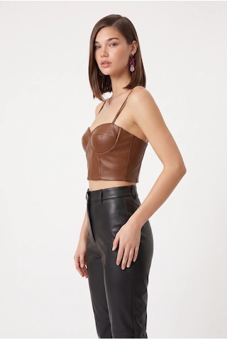 Cemo Deri İnce Askılı Büstiyer Crop Top Taba